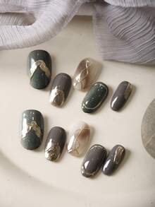 10pcs Press On Short Nail Dark Green Halation Cat's Eye Golden Irregular Lines Grey Black Press On Acrylic Nails Fake Nails Artificial Nails Kit Includes 1sheet Adhesive Tabs &1 Pc Mini File - Multicolor - View 1