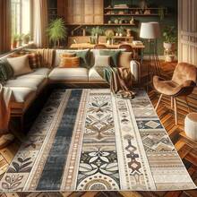 Retro Mid Century Abstract Pattern Rug On Ivory Background, Dark Orange And Reseda Green, 4' X 5' 5", Ideal For Bedroom, Dorm And Living Room - 黑色 棕色 灰色 - 查看 3