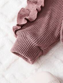 2pcs/Set Young Girl Brown Floral Trim Long Sleeve Sweatshirt And Flared Pants, Autumn/Winter - Brown - View 3