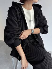 FRIFUL 拉链落肩抽绳保暖内衬卫衣，长袖上衣，秋季女装卫衣外套 - 黑色 - 查看 2