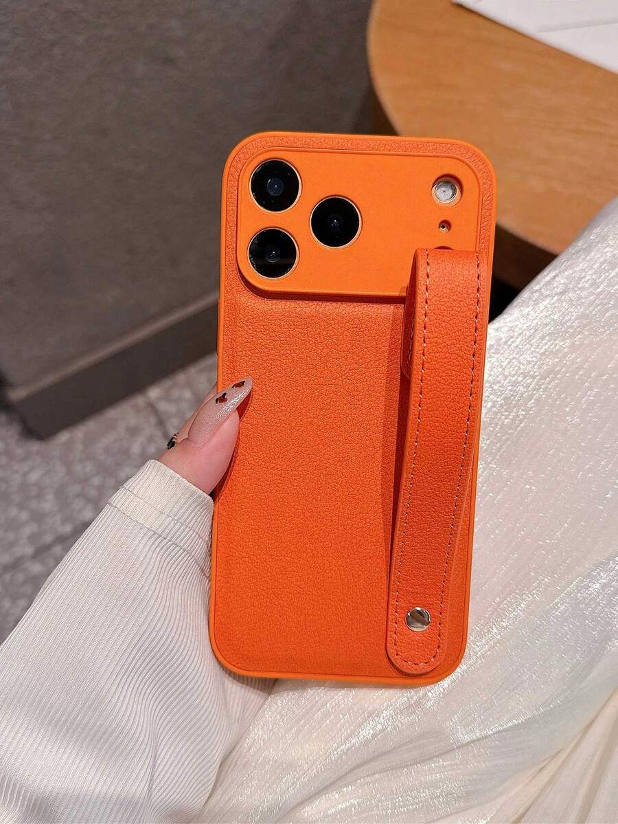 1 件优质橙色仿皮纹理腕带支架便携式简约防震手机壳保护套适用于 X/11/12/13/14/15/16/17 Pro Max