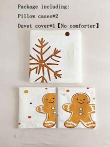 3pcs Christmas Cute Gingerbread People Pattern Print Duvet Cover Set (1*Duvet Cover + 2*Pillowcase, Without Core), Lighting Up The Colorful Atmosphere Of The Festival, Snowflakes And Colorful Dots Dance Together, Creating A Sweet Atmosphere, Christmas Theme, Winter Christmas, Soothing Visual Fatigue, Suitable For All Seasons, Suitable For Hotel, Bedroom, Guest Room And Dormitory Decoration Bedding