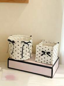1pc Cute Black Polka Dot 3D Bow Decor Storage Basket, Desktop Organizer Basket For Makeup Brushes, Skincare Products, Desktop Decor, Cosmetic Organizer, Portable Picnic Basket, Suitable For Valentine's Day Stocking Stuffers - Multicolor - View 3