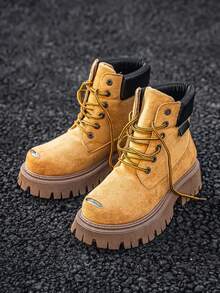 Bottes à semelle épaisse GAISIMA, style britannique rétro américain pour hommes, bottes de moto américaines, bottes jaunes pour l'extérieur - Kaki - Voir 4
