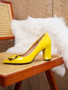 大码女式时尚绿色缀饰尖头舒适粗跟高跟鞋 - 薑色 - 查看 3