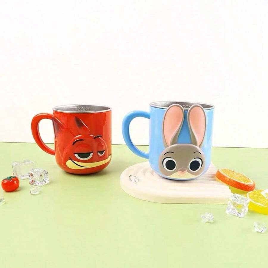 Disney 3D可爱朱迪和尼克卡通不锈钢杯，320毫升不锈钢水杯，带把手，防烫，适用于咖啡、牛奶、饮料，适合作为礼物、圣诞礼物，卡通杯系列
