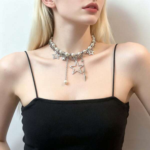 1pc Y2K Star & Pearl Tassel Necklace, Unique Design Choker Necklace Suitable For 10 Occasions