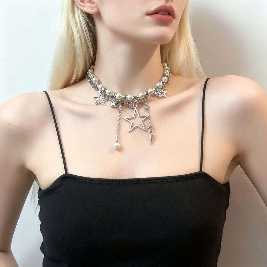 1 Stück Y2K Stern & Perle Quaste Halskette, einzigartiges Design Choker Halskette geeignet für 10 Anlässe