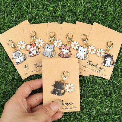 1pc/7pcs/14pcs Cute Cartoon Cat & Daisy Keychain Set, Comes With "Thank You" And Pocket Hug Inspirational Cards, Fashionable Animal & Floral Charm, Car Keys And Bag Pendant, Thoughtful Gift For Family And Friends