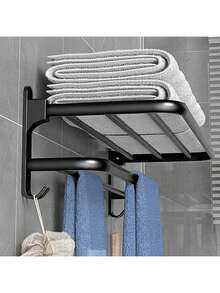 1 Pc Bathroom Towel Rack, No-Drill Wall Mounted Towel Holder, Foldable Bathroom Storage Shelf, Bathroom Accessories, Room Decor - Multicolor - View 10