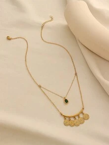 1pc Vintage Cute Copper Alloy Gold-Plated Coin Tassel Water Drop Pendant Necklace, Suitable For Women's Daily Wear And Holiday Gifts