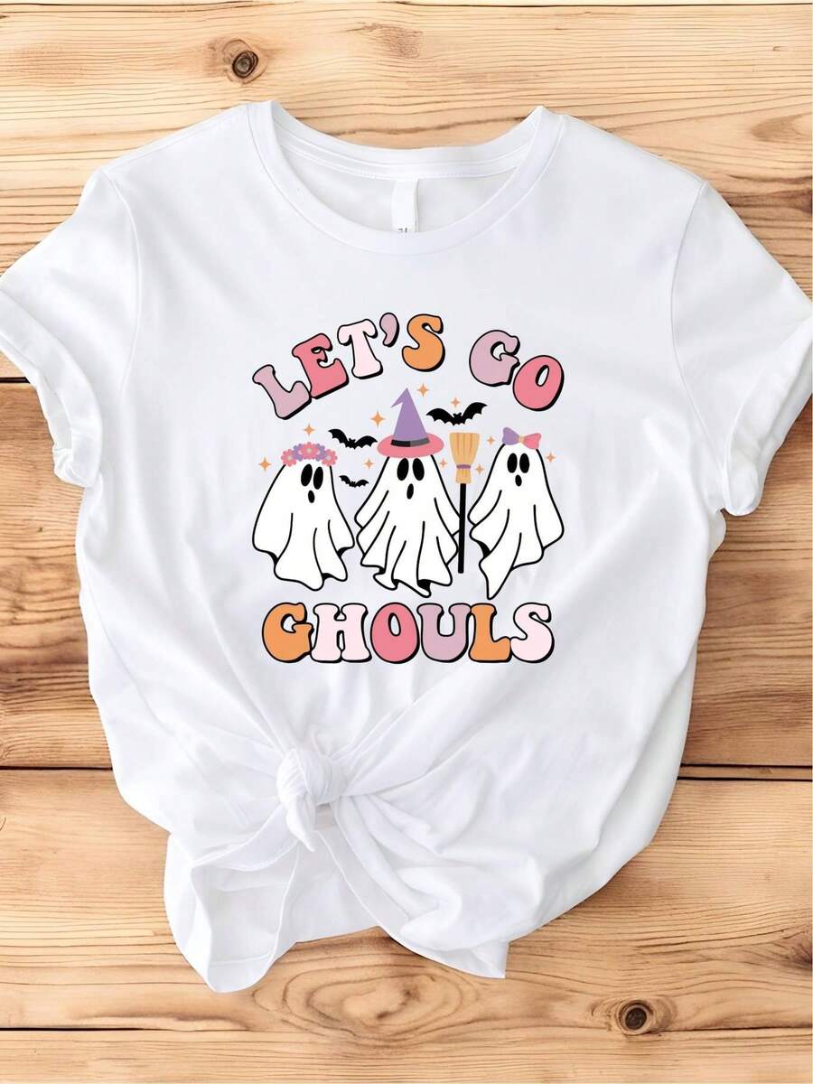 Camiseta de Halloween para Mujer - Camisa Negra con Diseño "Let's Go Ghouls" Rosa, Estampado Divertido para Fiesta de Halloween, Ropa Casual y Cómoda, Lavable a Máquina, Moda Temporal, Manga Corta, Ideal para Compras Festivas