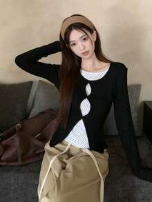 Sweet & Hot Girl Design 2 In 1 Hollow Long Sleeve Polka Dot Fitted Blouse - Black - View 7
