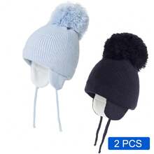 2顶冬季保暖针织婴儿帽，女童毛球儿童幼儿男童针织帽，带保暖内衬 - 橫條紋2件裝 - 查看 25