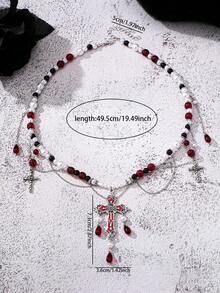1 Pc Women Gothic Style Cross Pendant Necklace , Bloody Styles Beaded Necklaces , Y2K Punk Style Vampire Jewelry