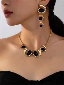 5pcs/Set Fashion European And American Exaggerated Black And White Necklace, Earrings, Bracelet, Ring Jewelry Set, Faux Pearl Decorative Design Accessories