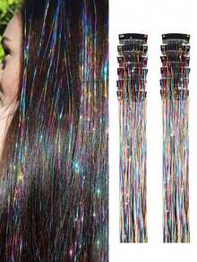 12Pcs Hair Tinsel Clip In 20Inch Glitter Tinsel Hair Extensions Clip In Hair Tinsel Kit Heat Resistant Shiny Sparkle Fairy Hair Accessories For Women Girls (Purple) (Sky Blue) - Multicolor - View 11