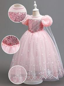 女童亮片雪花公主裙，带披风，适合派对、宴会、生日等场合，不含头饰 - 淺粉色 - 查看 6