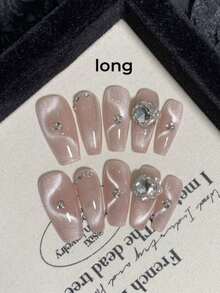 10PCS Pure Handmade Wearing Nail, Light Pink Trapezoidal Shiny Soft Cat Shaped With Diamond Studded Pressed Nails. Handmade Nail Patches Suitable For Daily And Date Wear, Detachable And Reusable. Comes With Jelly Glue And Rubbing Strips As Gifts