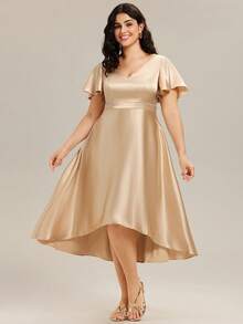EVERPRETTY Robe mi-longue élégante en satin, design col V, manches évasées courtes, robe de demoiselle d'honneur champagne, robe pour invité de mariage, avec poches - Champagne - Voir 4