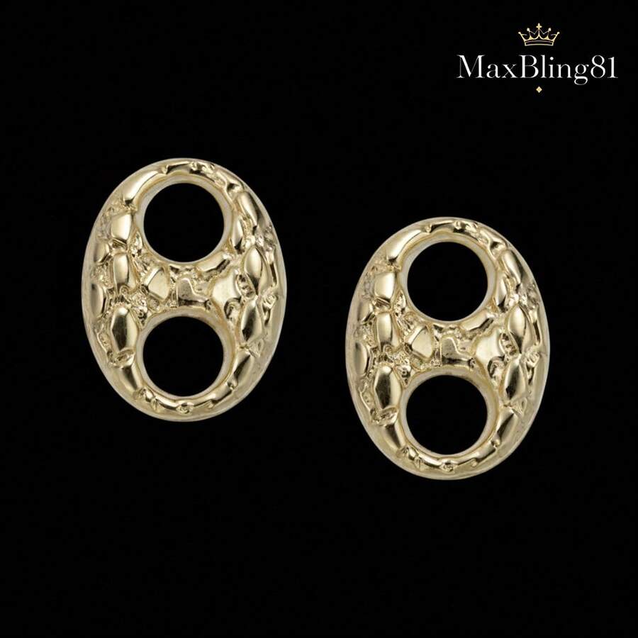 High-End Brass 14K Solid Gold Plated Nugget Puffed Mariner Link Stud Earrings Unisex Luxury Men Women - Vàng - Xem 1