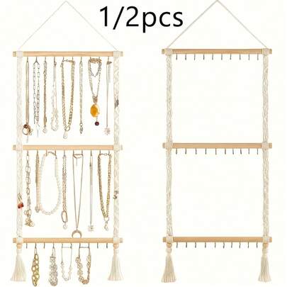 2/1 Piece Bohemian Jewelry Display Stand, Wall-Mounted Jewelry Storage Rack, Hand-Woven Fringed Jewelry Display Stand, Bedroom Decoration, Featuring 30 Hooks, Suitable For Storing Necklaces, Earrings, Bracelets, And Hair Accessories
