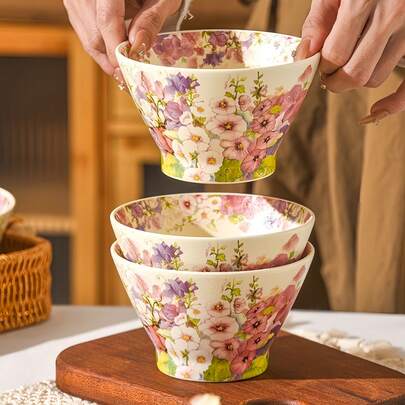Nordic Style Floral Ceramic Rice Bowl, Glazed Slip-Resistant Design, Suitable For Rice, Breakfast, Noodles, Salad, Snacks, Daily Use, Home, Restaurant, Afternoon Tea, Great Gift For Birthday