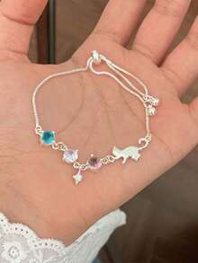 1pc Women's Fashionable Elegant Cute Cat Colorful Rhinestone Chain Bracelet, Suitable For Daily Wear