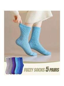 5双女士秋冬毛绒中筒袜，柔软不硬，舒适百搭，适合女士居家地板、拖鞋及其他特殊场合穿着，毛茸茸的袜子