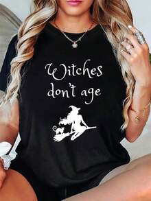 Camiseta Vintage de Mujer "Las Brujas No Envejecen" - Manga Corta Cuello Redondo con Estampado de Bruja y Escoba, Tela No Transparente para Disfraces de Halloween, Ropa Casual y Outfits para Todo el Año - Ropa de Bruja Lavable a Máquina - Negro - Ver 2