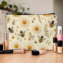 Sac de maquillage imprimé avec motif mignon de miel et fermeture éclair. Sac de cosmétiques et de toilette au style boho floral. Sac réutilisable pour médicaments, sac de rangement pour stylos et accessoires esthétiques animaux. Sac de rangement pour le maquillage et les voyages. Pour l'école, la décoration d'été, le rangement de collations. 23 cm x 15 cm