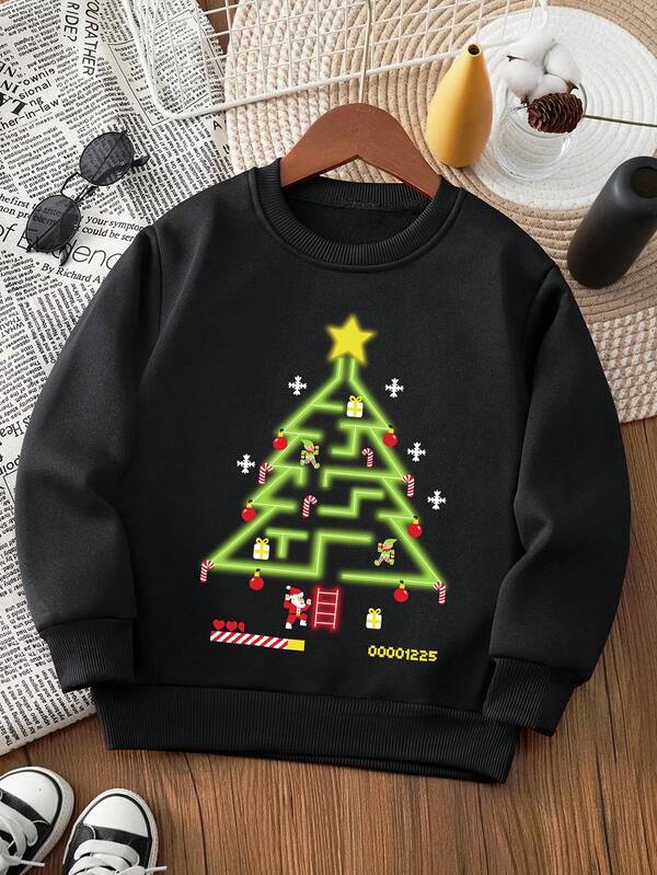 Young Boy Christmas Tree & Gift Print Thermal Lined Crew Neck Long Sleeve Sweatshirt, Casual Winter Outfit