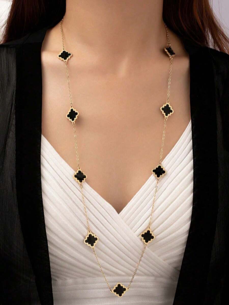 1 pieza Collar largo con decoración de pétalos esmaltados, versátil para atuendos con suéter - Negro - Ver 1