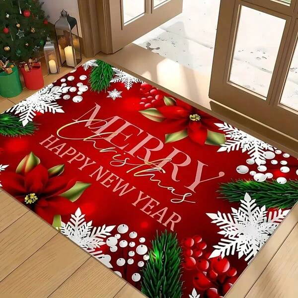 1 pieza Felpudo de bienvenida de Navidad y Año Nuevo con patrón floral sobre fondo rojo, diseño ligero para uso en interiores/exteriores en la entrada, sala de estar, dormitorio, cocina, lavandería, debajo del árbol de Navidad, felpudo lavable, alfombra de área