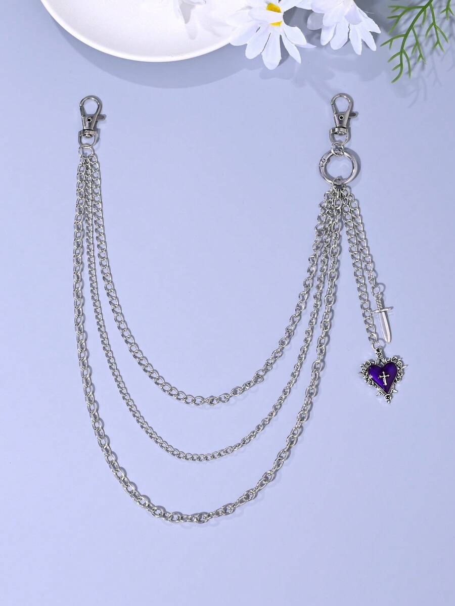 1pc Punk Style Cross, Skull, Spider, Snake Sword, Heart Pendant Chain Belt For Pants Decoration, Unisex, Suitable For Halloween, Music Festivals - B Style - View 1