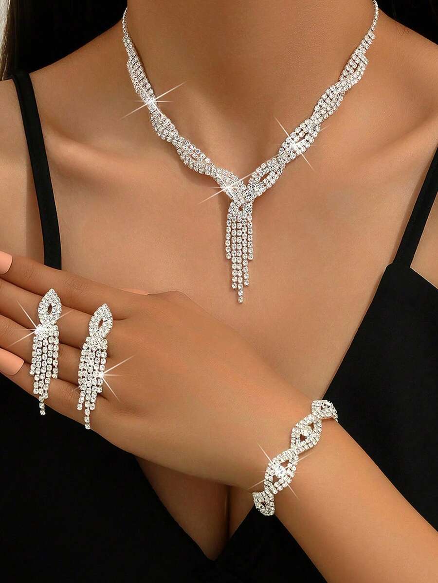 Set de bijuterii de lux cu diamante strălucitoare - colier, cercei, brățară, geantă plic metalică în formă de V cu paiete argintii strălucitoare, geantă de seară elegantă, geantă de mireasă pentru petrecere de nuntă, geantă de mână pentru cocktailuri, portofel nou de nuntă, geantă de petrecere - imagine 3