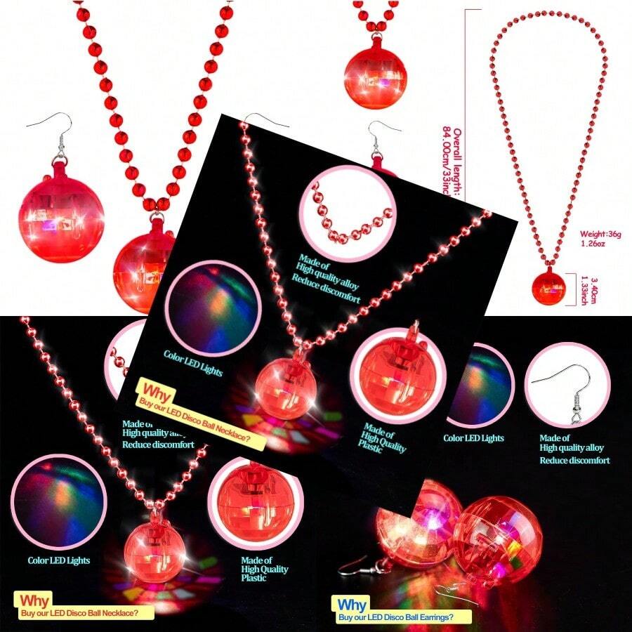 LED Disco Ball Earrings And Necklaces 2 Pcs 70s 80s Light Up Disco Ball Set For Disco Party Favors Dance Accessories Women Halloween Costume - 紅色 - 查看 1