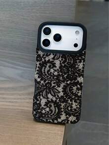 1pc New Large Hole Faux Leather Lace Painted Pattern Phone Case Compatible With Apple 17 Pro Max, 11/12/13/14 Plus, 16 Pro Max, XR/7/8 Plus, 15 Pro Max