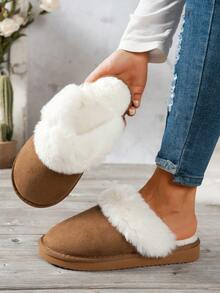 秋冬时尚简约百搭休闲一脚蹬毛绒拖鞋，柔软保暖内衬，安静厚底，室内中跟包头拖鞋，适合少女 - 棕色 - 查看 7