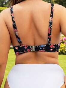Swim Mod Top de bikini sin espalda con cordón y estampado floral aleatorio para mujer de talla grande, parte superior de traje de baño para playa de verano - Multicolor - Ver 2