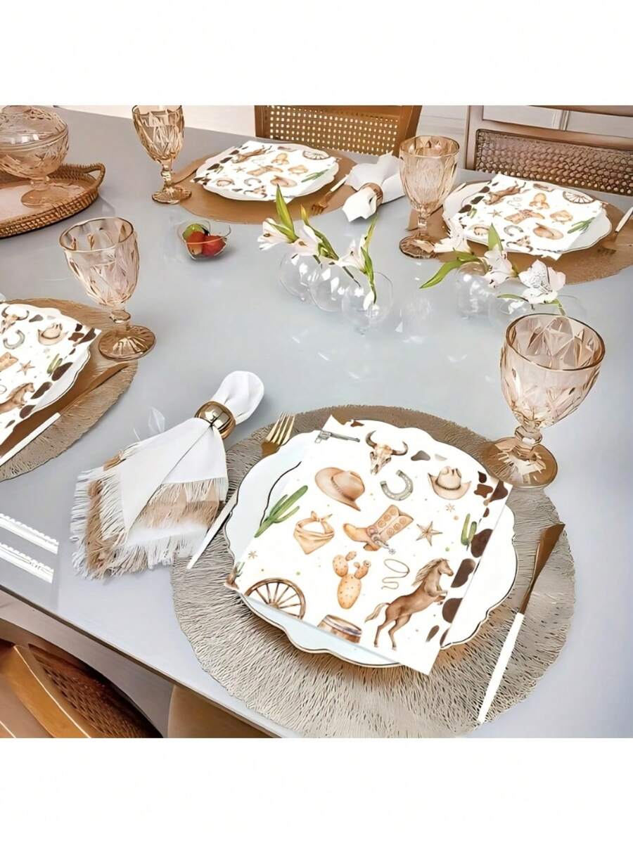 مناديل ورقية سميكة ناعمة ذات طبقتين بطباعة الغرب الأمريكي، مقاس مفتوح 33 سم * 33 سم، مناسبة لحفلات الزفاف والشاي وأعياد الميلاد والحفلات والزينة والمناسبات العطلات