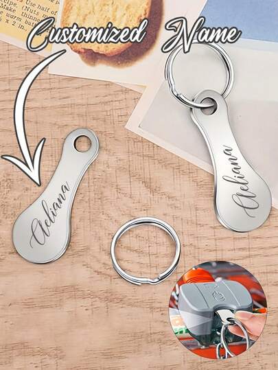 Portachiavi per carrello della spesa in acciaio inossidabile con incisione laser personalizzata - Etichetta anti-smarrimento per carrello del supermercato, accessorio portachiavi con gancio in metallo e opzione di logo personalizzato, chiave rimovibile per carrello della spesa, design minimalista unisex, inserto in moneta in metallo durevole, superficie in metallo liscia