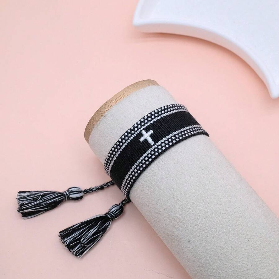 1pc Embroidered Cross Creative Woven Bracelet - Black - View 1