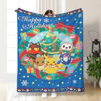 pokemon 1 pieza Nueva manta de forro polar con estampado digital de alta definición de Pikachu de Pokémon en estilo moderno para Navidad, suave y cálida de poliéster, perfecta para acampar, sofá o viaje, cómoda, ligera, plegable, adecuada para sofá, cama, mecedora, chal de oficina, mejor opción de regalo