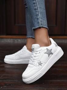 Plus Size Women/Men's Thick Sole Flat Skateboard Shoes, Star Printed Casual Sneakers, Korean Style Fashion Student Leisure Skate Shoes