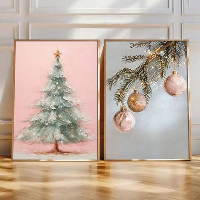 Pink Christmas Ornament Ball Christmas Tree Wall Art Set Of 2, Sophisticated Festive Home Decor, Magical Holiday Art, Stylish Christmas Poster Print, Fun Pink Christmas Decor, Home Decor Living Room, Wall Decor, No Frame
