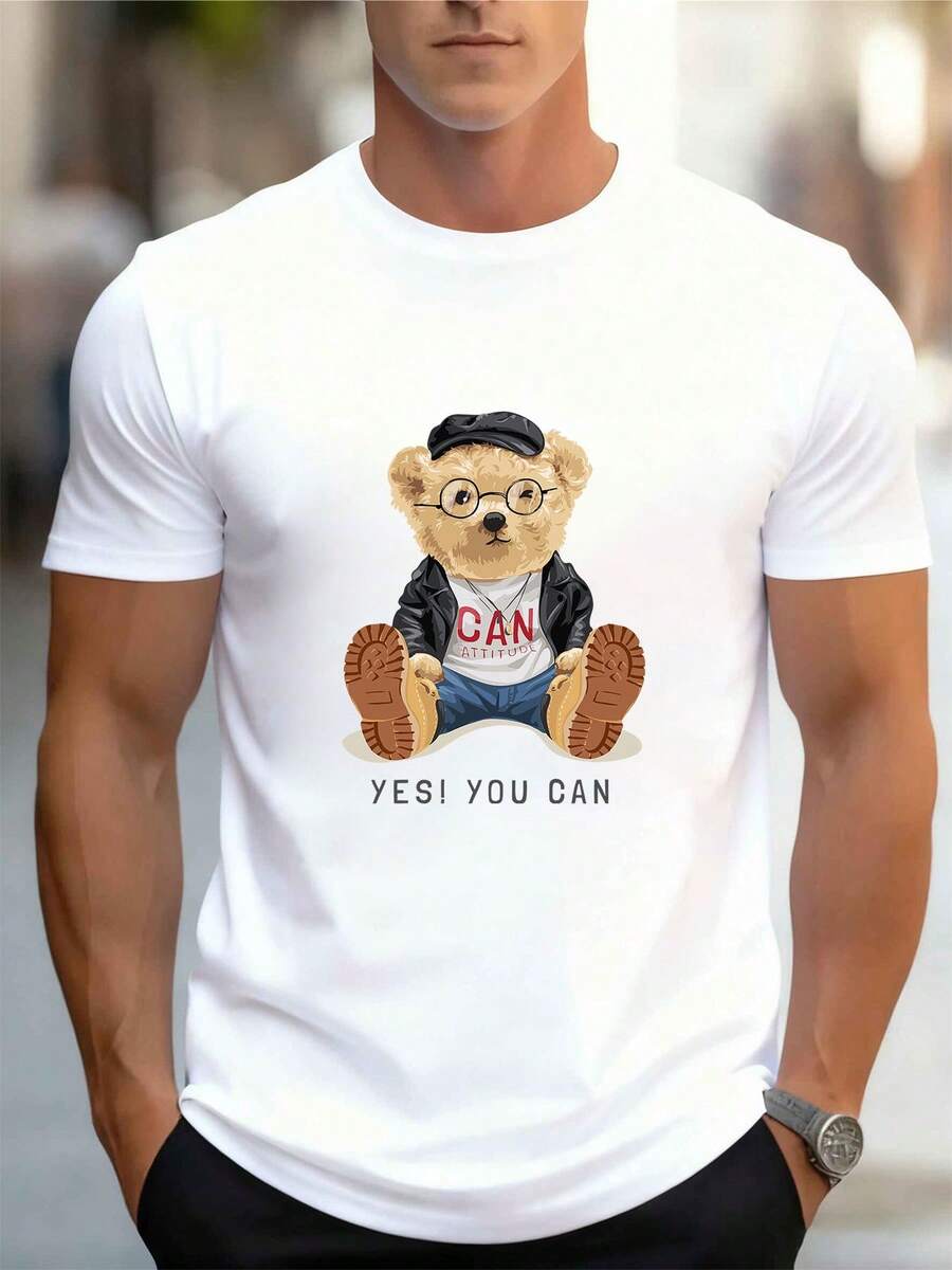 Camiseta de algodón% puro para hombres, de algodón puro, impresa, de manga corta, amigable con la piel, no transpira, suelta, con hombros caídos, cómoda. - Blanco - Ver 1