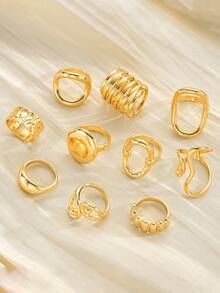 Set de 10 piezas de anillos retro, un conjunto de anillos geométricos asimétricos de línea y lava líquida versátil y de moda