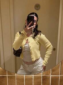 FOR BEAUTY 女士春夏新款针织开衫，休闲简约风格，圆领长袖，蘑菇纽扣设计，黄色开衫 - 黃色 - 查看 7