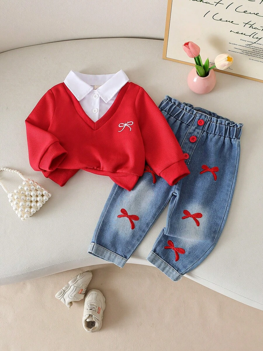 Baby Girls' Fashion Casual Cute Set, Shirt Collar Bow Embroidery 2 In 1 Sweatshirt + Bow Embroidered Cuffed Hem Jeans - Red - View 1